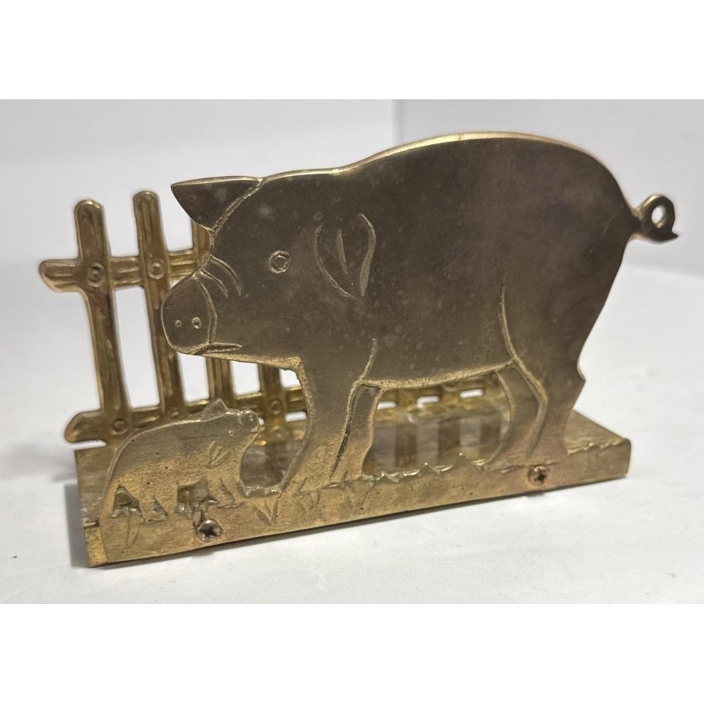 VTG‎ Solid Brass Pig Hog Piglet Picket Fence Napkin Letter Holder Country Decor
